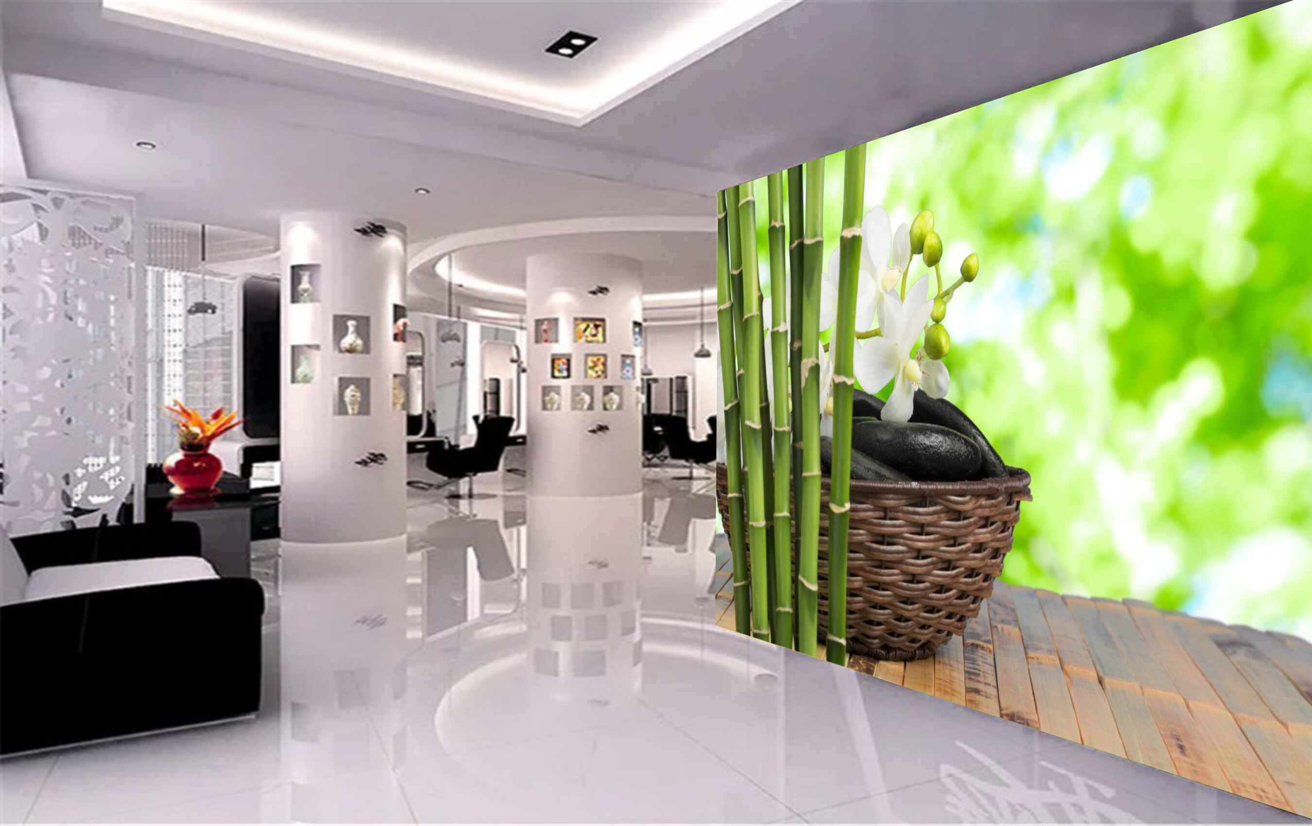 Avikalp MWZ3663 Wooden Basket Trees Stems White Flowers Stones HD Wallpaper for Spa