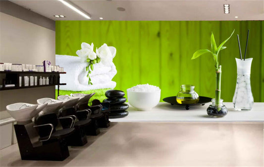 Avikalp MWZ3682 Green White Blankets Stones Leaves Oil HD Wallpaper for Spa