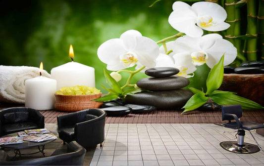 Avikalp MWZ3688 White Flowers Candles Leaves Stones Blanket HD Wallpaper for Spa