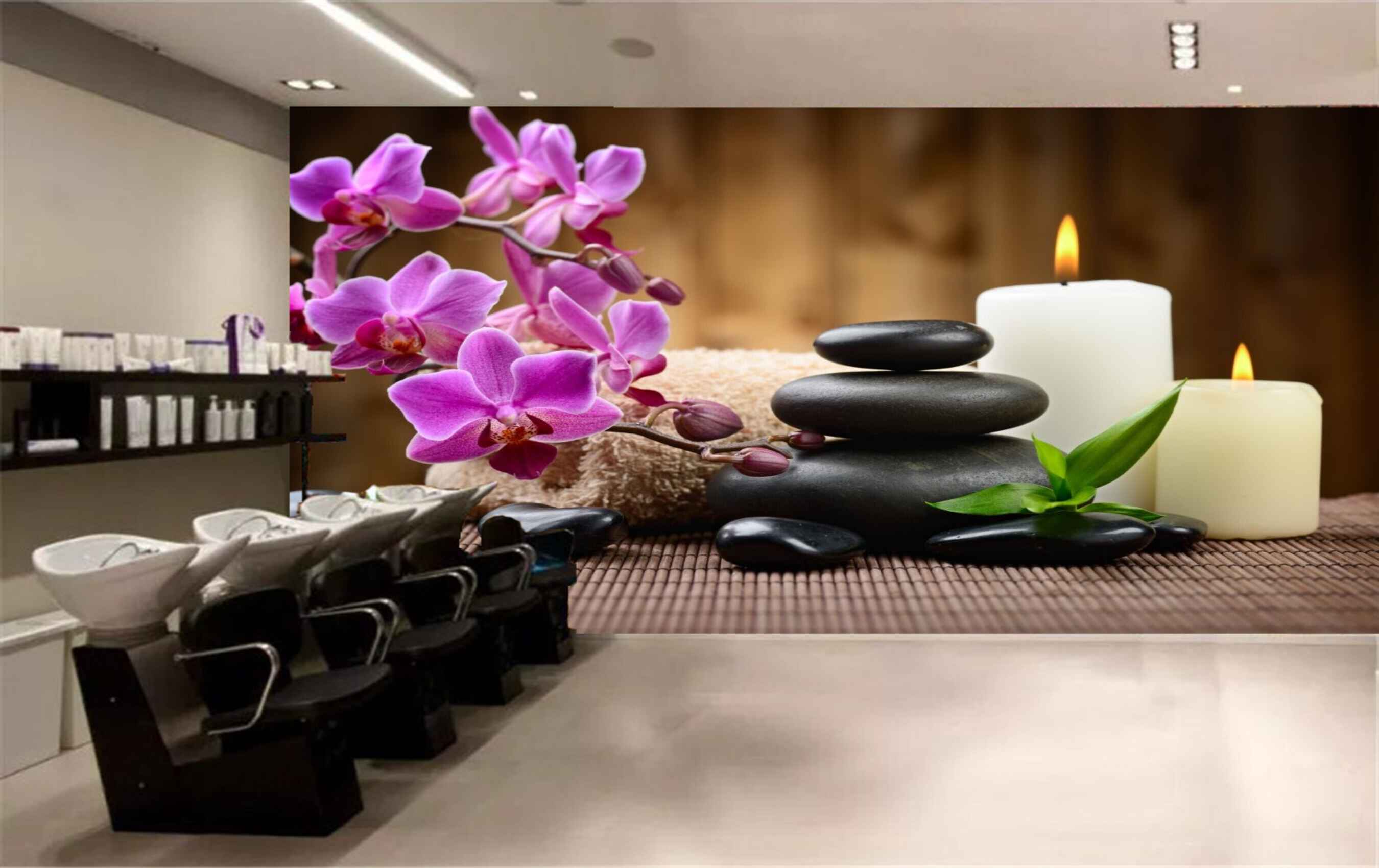 Avikalp MWZ3759 Pink Flowers Stones Candles Leaves HD Wallpaper for Spa