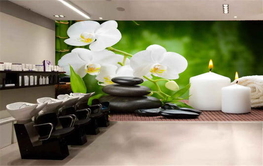 Avikalp MWZ3760 White Flowers Leaves Stones Candles HD Wallpaper for Spa