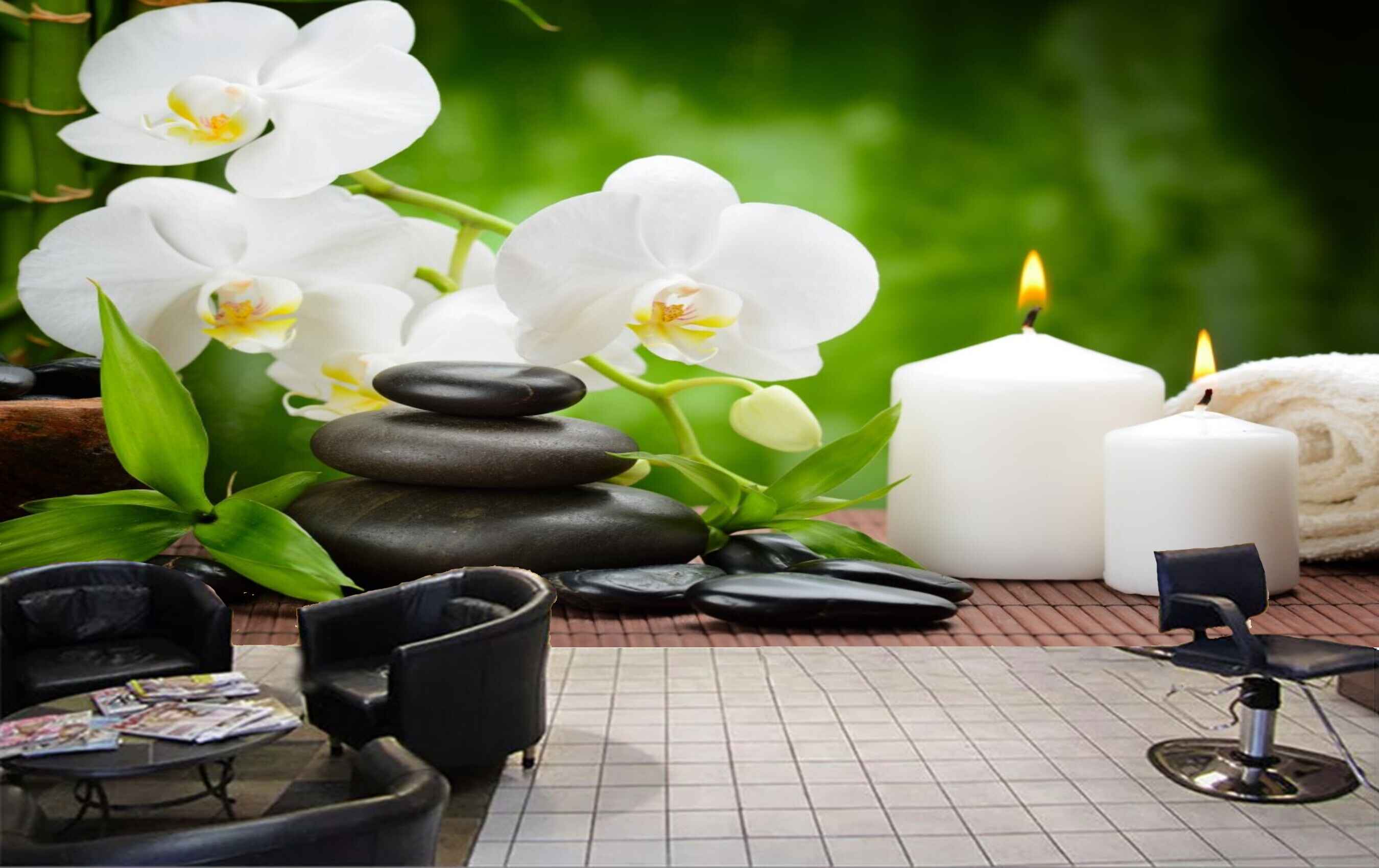 Avikalp MWZ3760 White Flowers Leaves Stones Candles HD Wallpaper for Spa