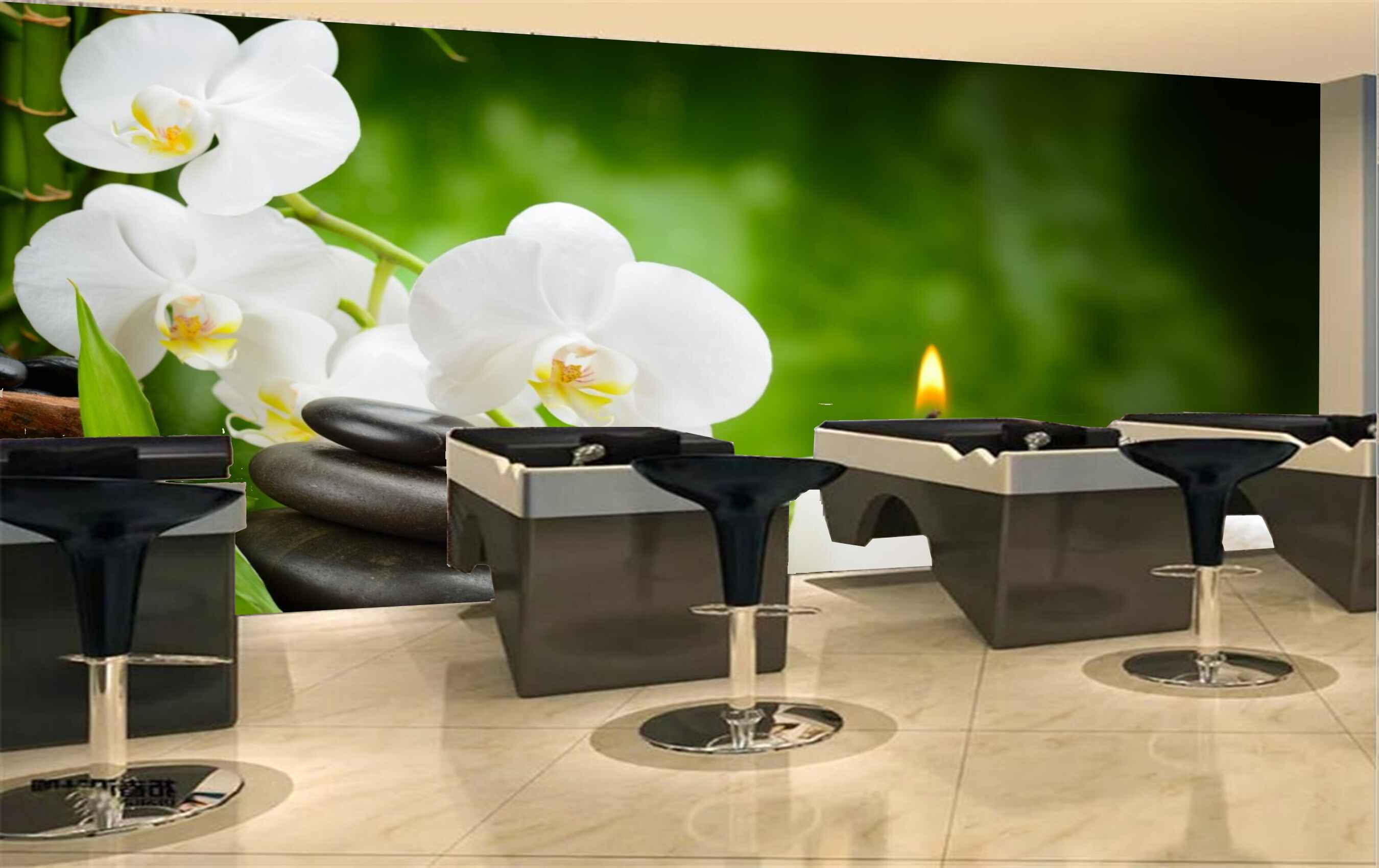 Avikalp MWZ3760 White Flowers Leaves Stones Candles HD Wallpaper for Spa