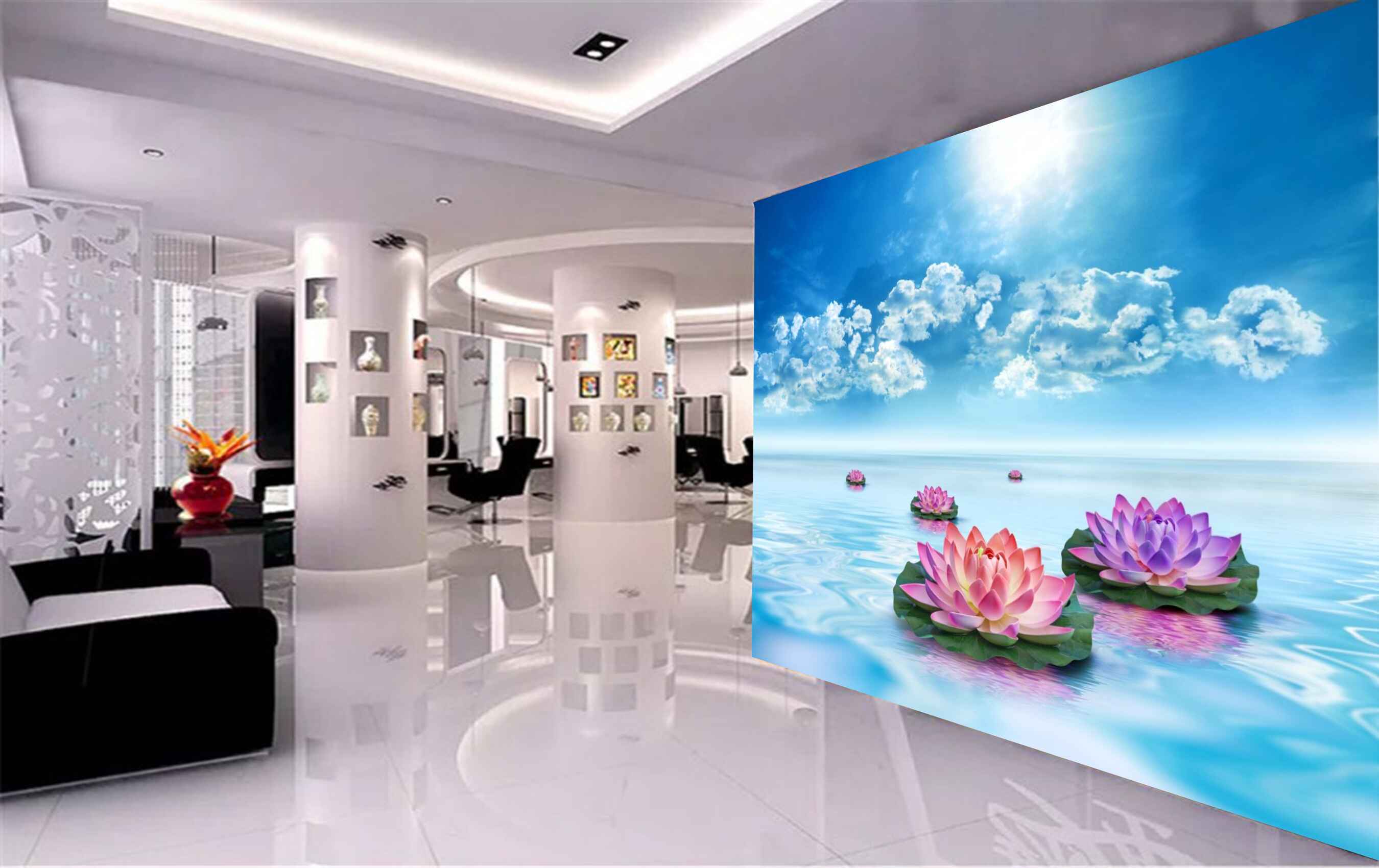 Avikalp MWZ3765 Pink Purple Lotus Flowers Sea Clouds HD Wallpaper for Spa