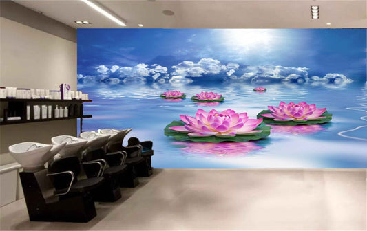 Avikalp MWZ3767 Pink Lotus Flowers Clouds River HD Wallpaper for Spa