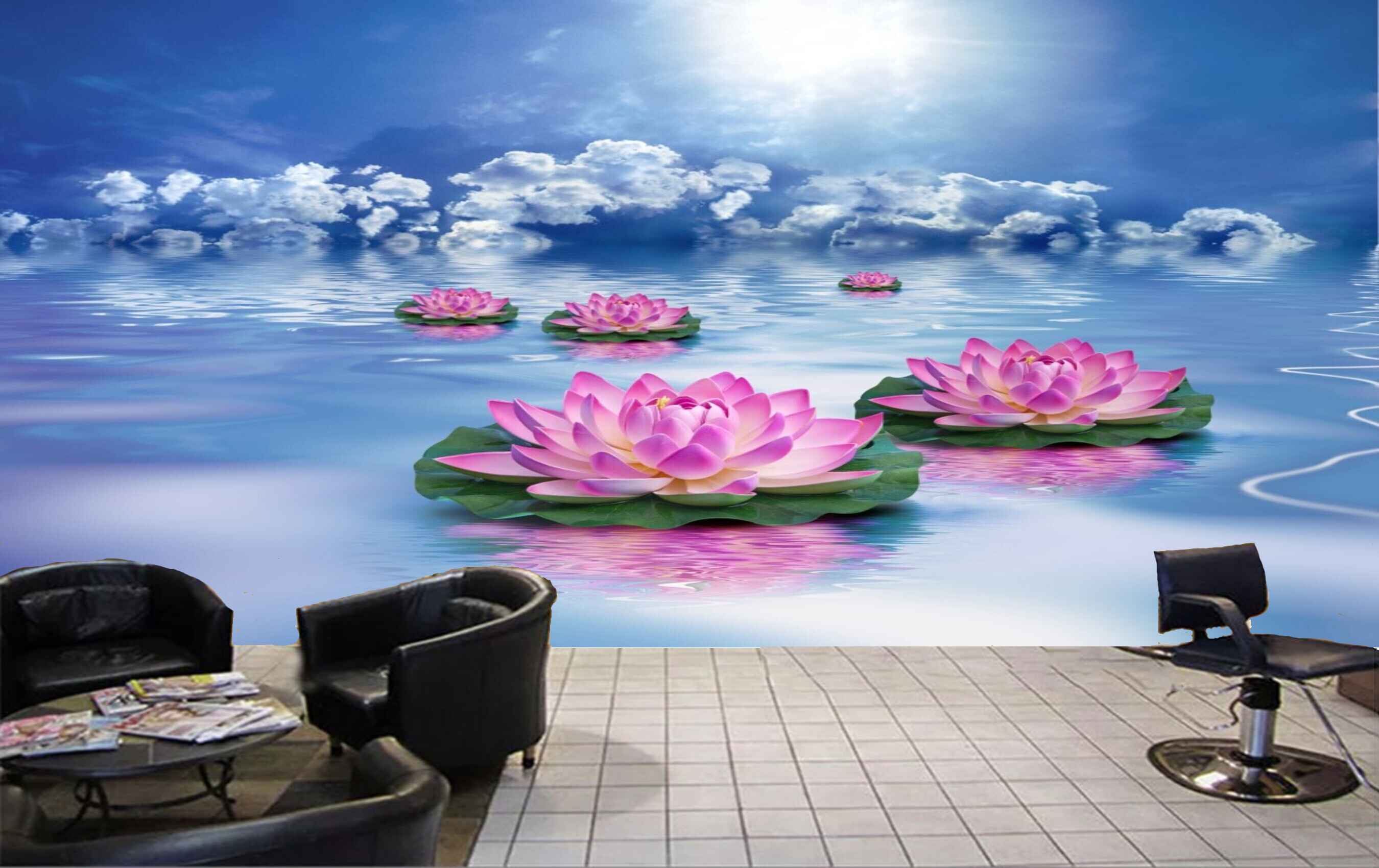 Avikalp MWZ3767 Pink Lotus Flowers Clouds River HD Wallpaper for Spa