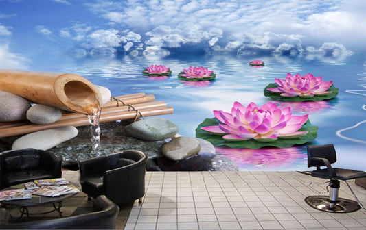 Avikalp MWZ3768 Pink Lotus Flowers Pond Clouds Stones HD Wallpaper for Spa