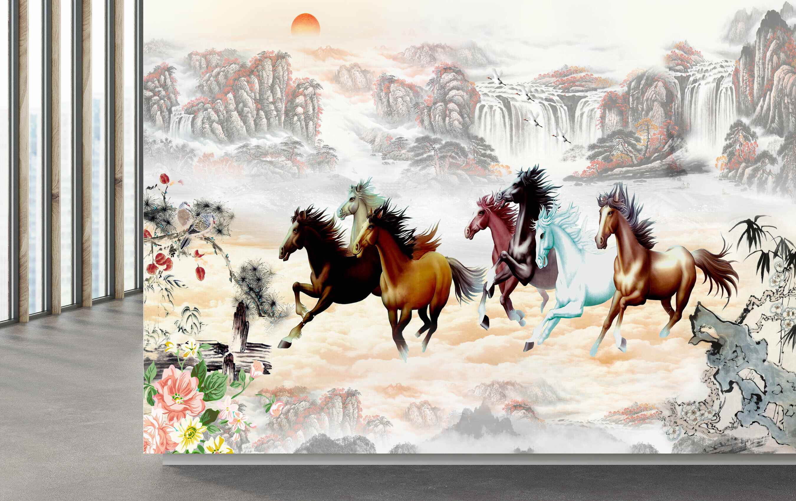 Avikalp MWZ3770 Sun Mountains Seven 7 Horses Flowers Leaves HD Wallpaper