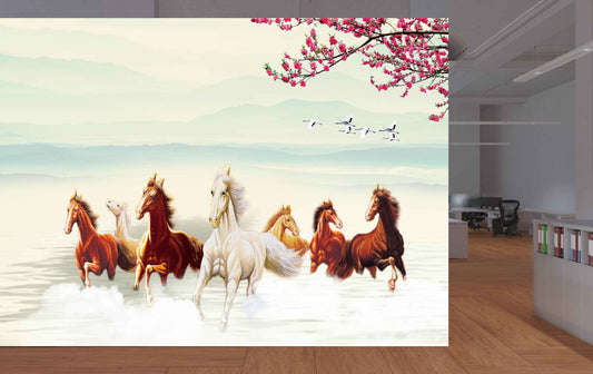 Avikalp MWZ3772 Brown White Seven 7 Horses Racing Birds Pink Flowers Branches HD Wallpaper