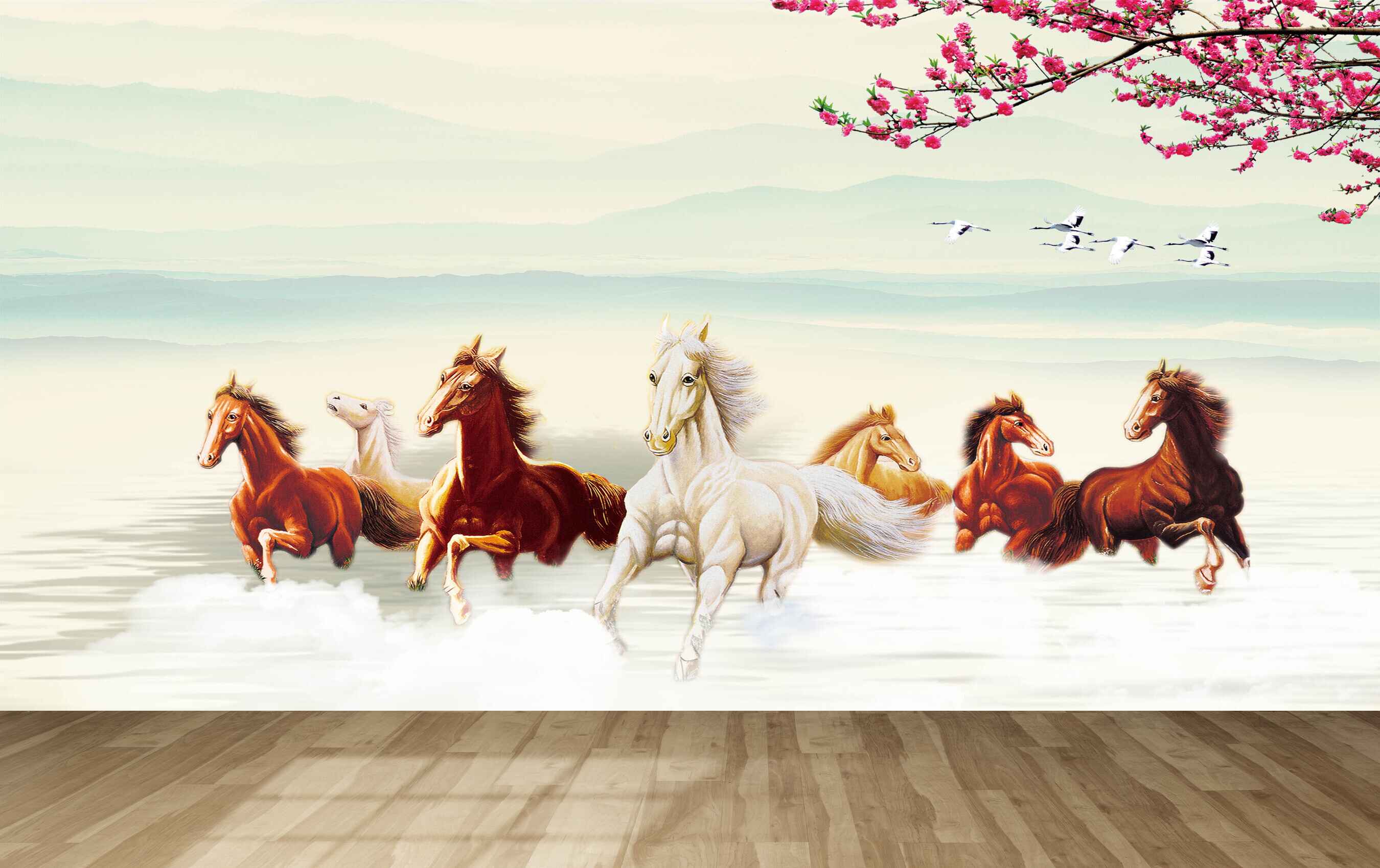Avikalp MWZ3772 Brown White Seven 7 Horses Racing Birds Pink Flowers Branches HD Wallpaper