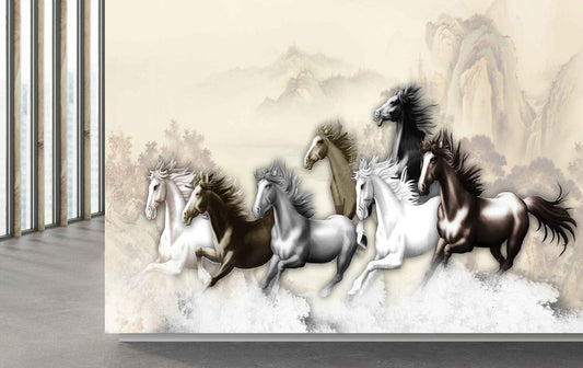 Avikalp MWZ3774 Black White Seven 7 Horses Racing Mountains HD Wallpaper