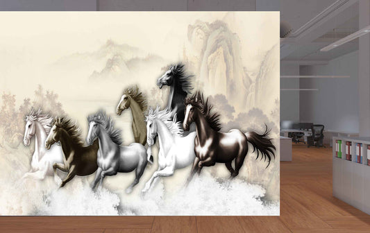 Avikalp MWZ3774 Black White Seven 7 Horses Racing Mountains HD Wallpaper