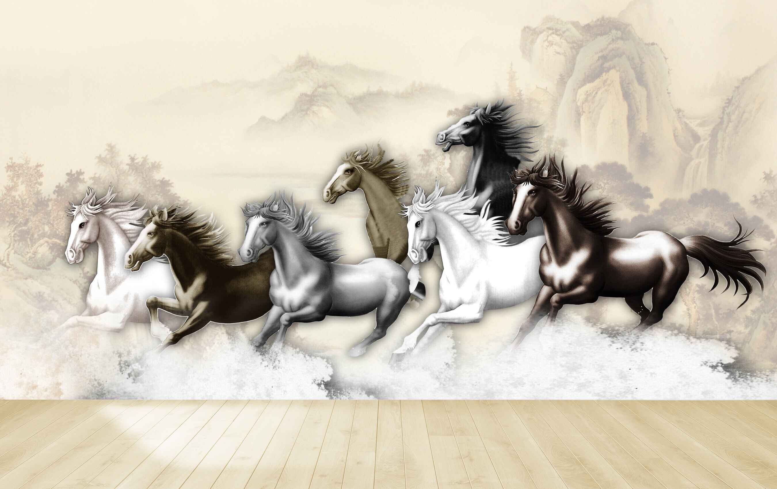 Avikalp MWZ3774 Black White Seven 7 Horses Racing Mountains HD Wallpaper