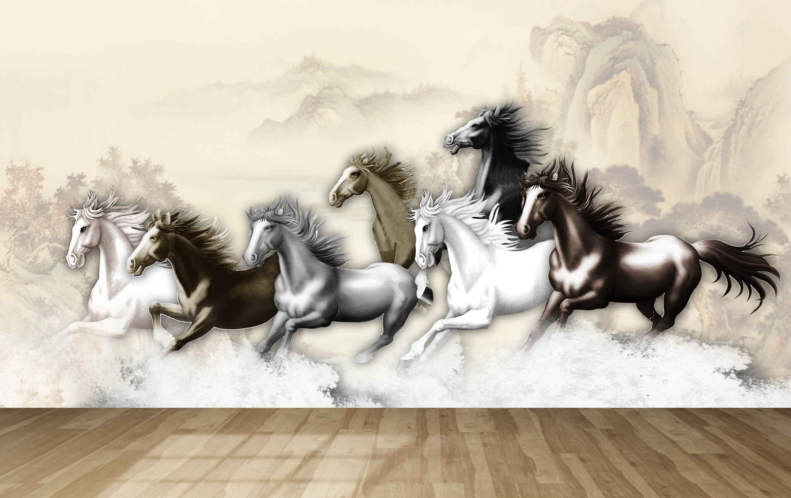 Avikalp MWZ3774 Black White Seven 7 Horses Racing Mountains HD Wallpaper