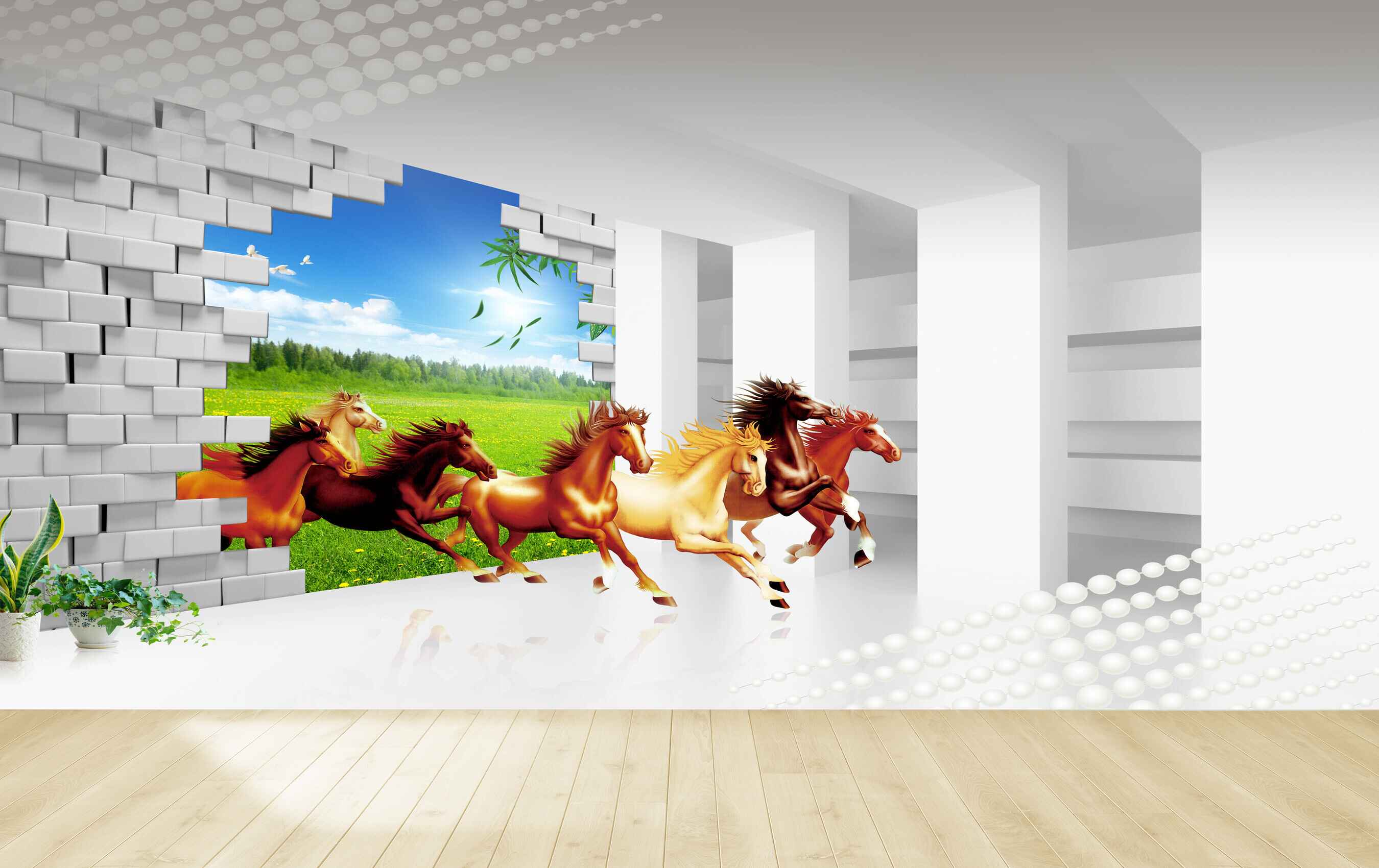 Avikalp MWZ3776 Seven 7 Horses Racing Natures Trees Plants Leaves HD Wallpaper