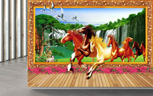 Avikalp MWZ3777 Seven 7 Horses Racing Trees Pink Flowers Waterfalls HD Wallpaper