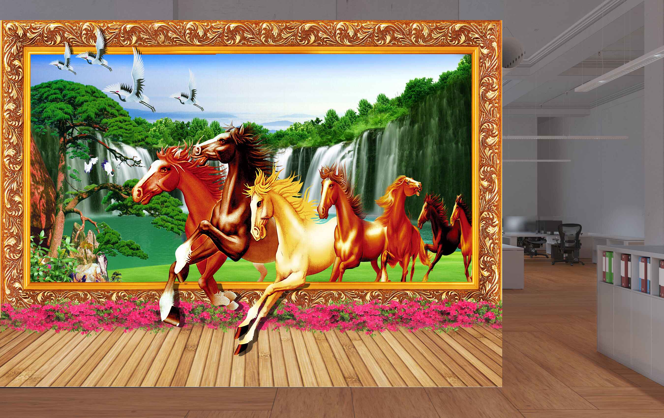 Avikalp MWZ3777 Seven 7 Horses Racing Trees Pink Flowers Waterfalls HD Wallpaper