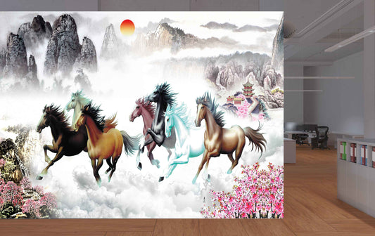 Avikalp MWZ3778 Sun Seven 7 Horses Mountains Racing Pink Flowers HD Wallpaper