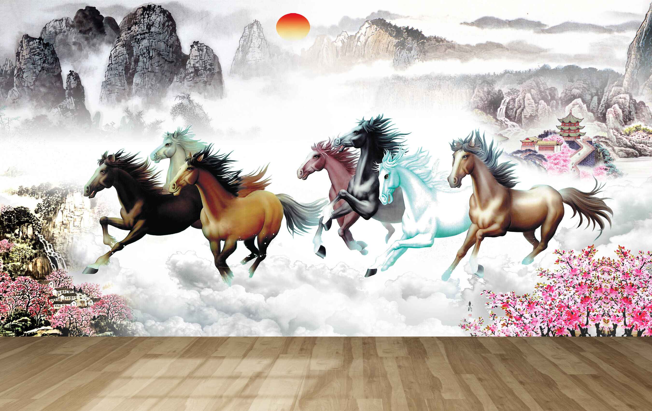 Avikalp MWZ3778 Sun Seven 7 Horses Mountains Racing Pink Flowers HD Wallpaper