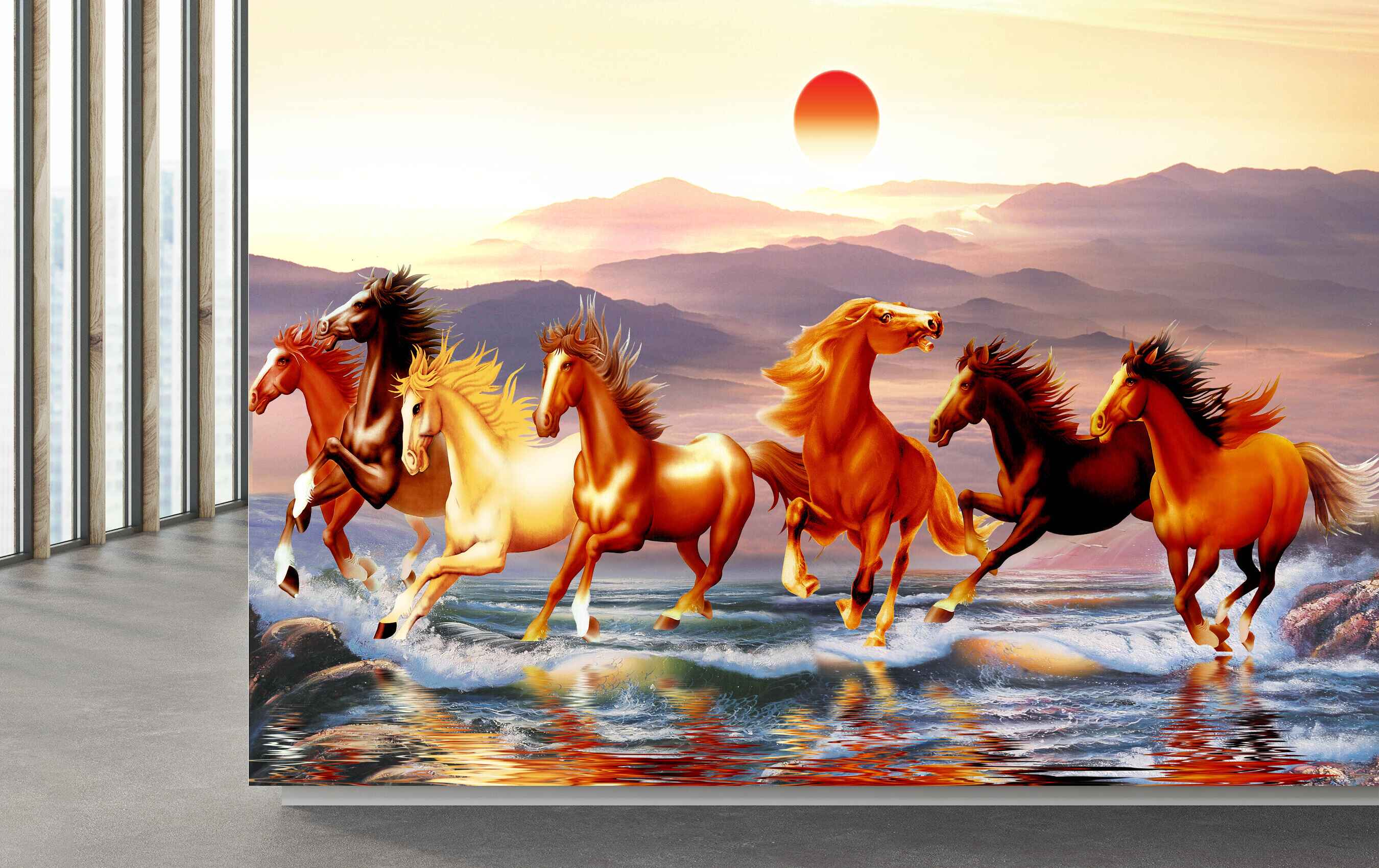 Avikalp MWZ3781 Seven 7 Horses Racing Sun Mountains Water HD Wallpaper
