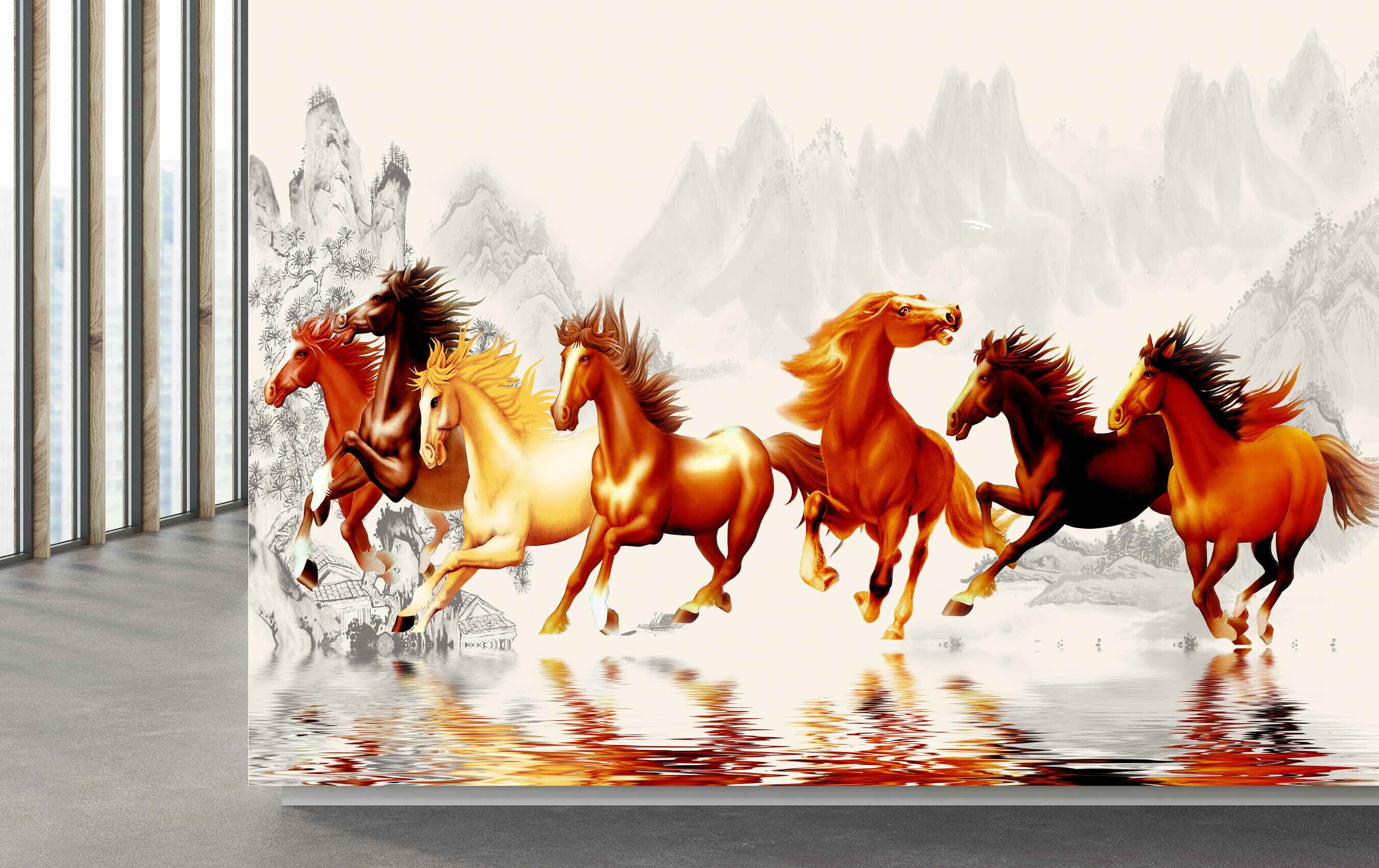 Avikalp MWZ3783 Brown Red Yellow Seven 7 Horses Racing Mountains HD Wallpaper