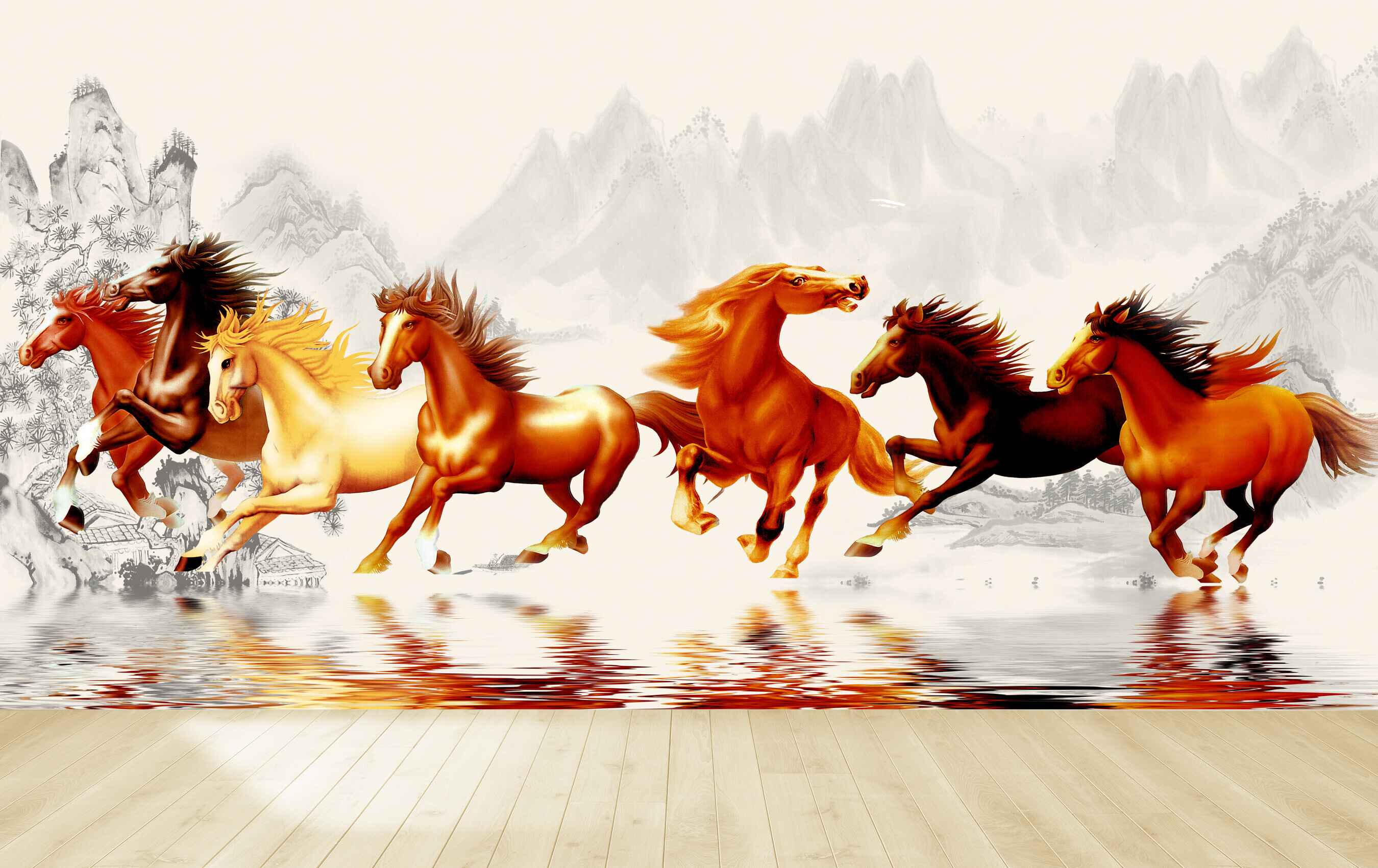 Avikalp MWZ3783 Brown Red Yellow Seven 7 Horses Racing Mountains HD Wallpaper