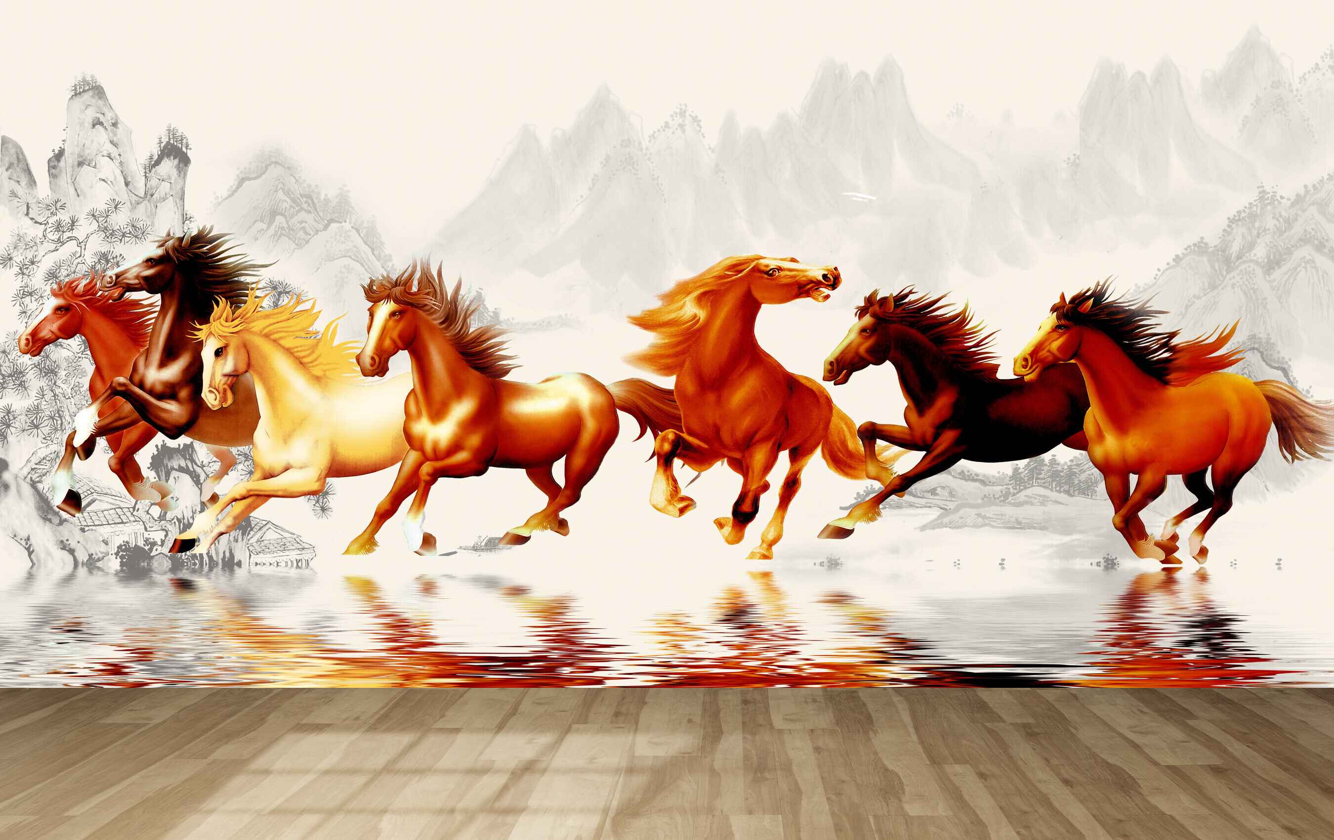 Avikalp MWZ3783 Brown Red Yellow Seven 7 Horses Racing Mountains HD Wallpaper