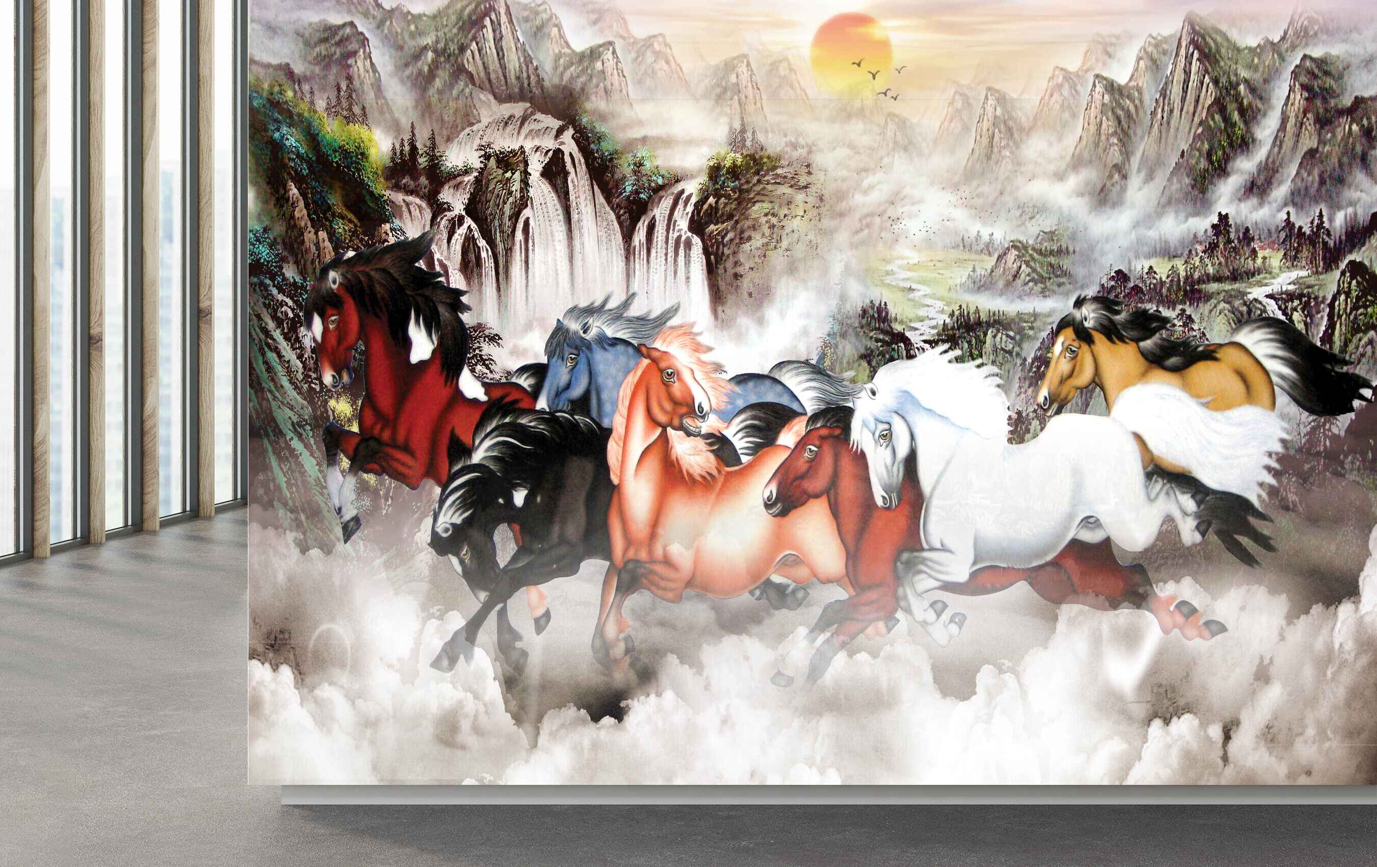 Avikalp MWZ3785 Seven 7 Horses Running Sun Birds Mountains HD Wallpaper