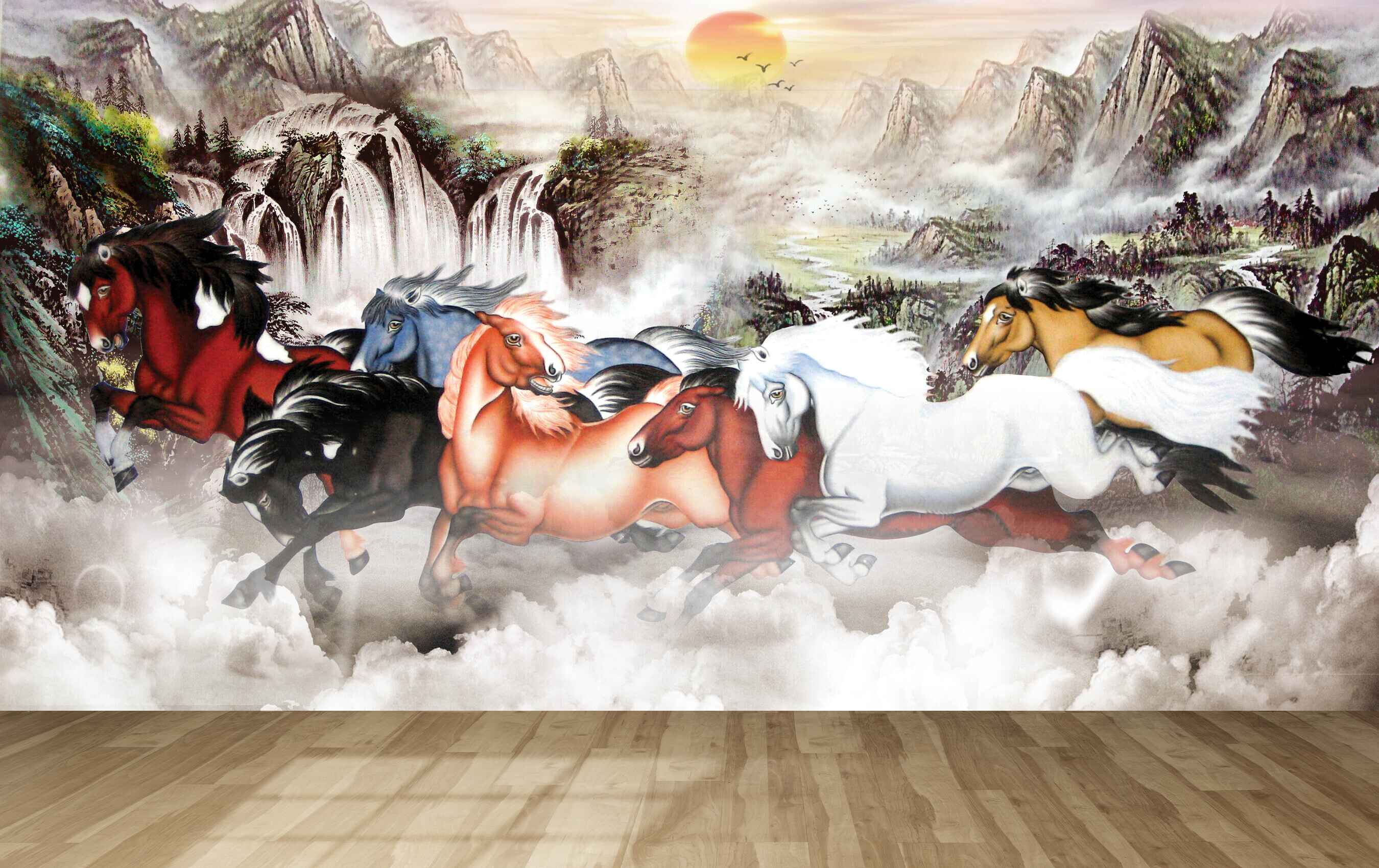Avikalp MWZ3785 Seven 7 Horses Running Sun Birds Mountains HD Wallpaper