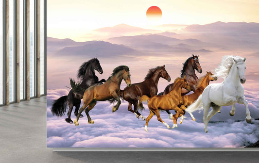 Avikalp MWZ3786 White Brown Seven 7 Horses Sun Mountains HD Wallpaper
