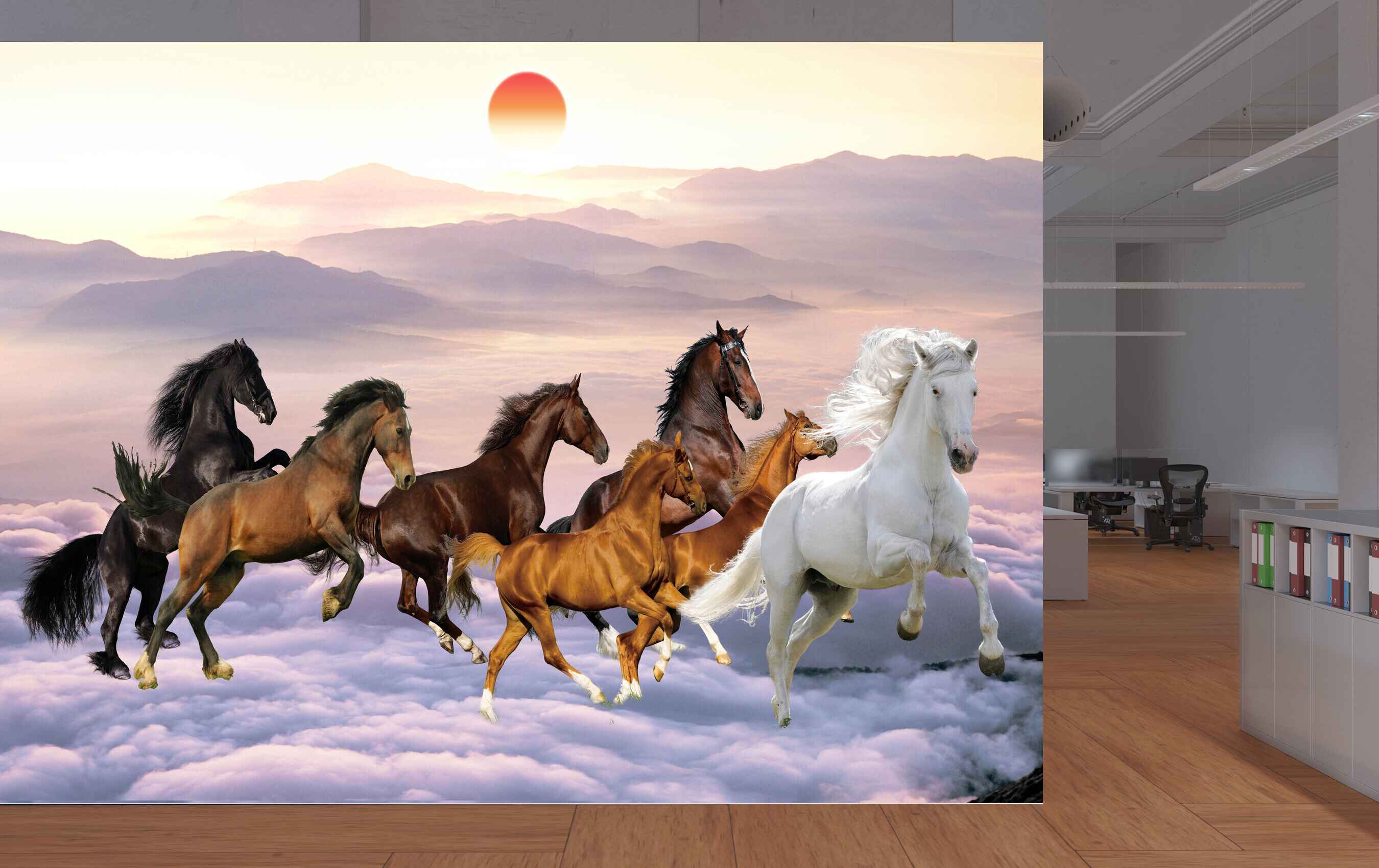 Avikalp MWZ3786 White Brown Seven 7 Horses Sun Mountains HD Wallpaper