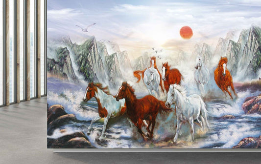 Avikalp MWZ3787 White Brown Seven 7 Horses Mountains Sun Birds HD Wallpaper