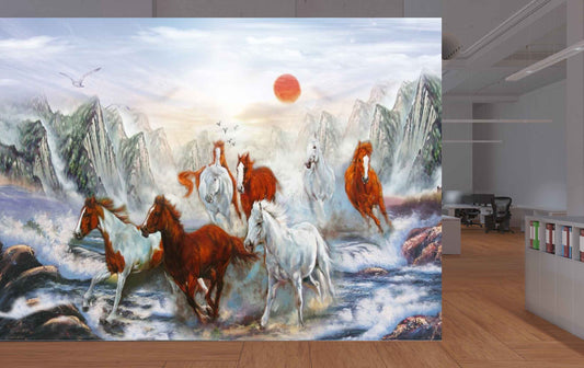 Avikalp MWZ3787 White Brown Seven 7 Horses Mountains Sun Birds HD Wallpaper
