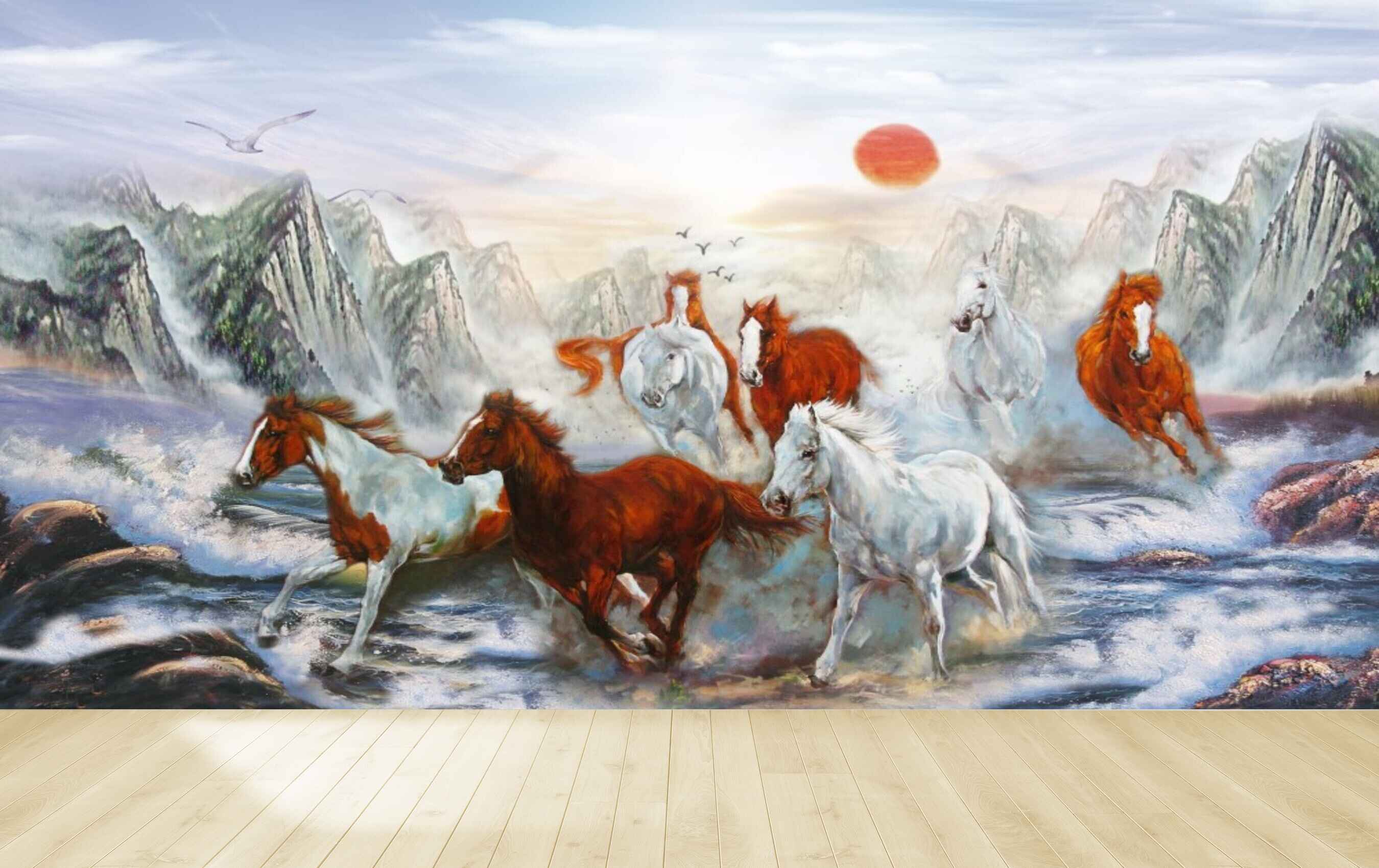 Avikalp MWZ3787 White Brown Seven 7 Horses Mountains Sun Birds HD Wallpaper