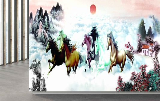 Avikalp MWZ3788 Seven 7 Horses Racing Sun Mountains Trees Houses Clouds HD Wallpaper