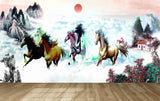 Avikalp MWZ3788 Seven 7 Horses Racing Sun Mountains Trees Houses Clouds HD Wallpaper