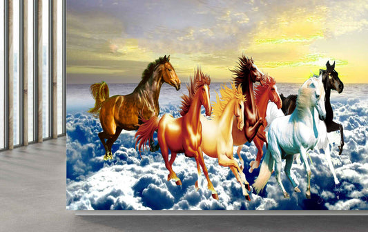 Avikalp MWZ3789 Seven 7 Horses Racing Sun Clouds Water HD Wallpaper