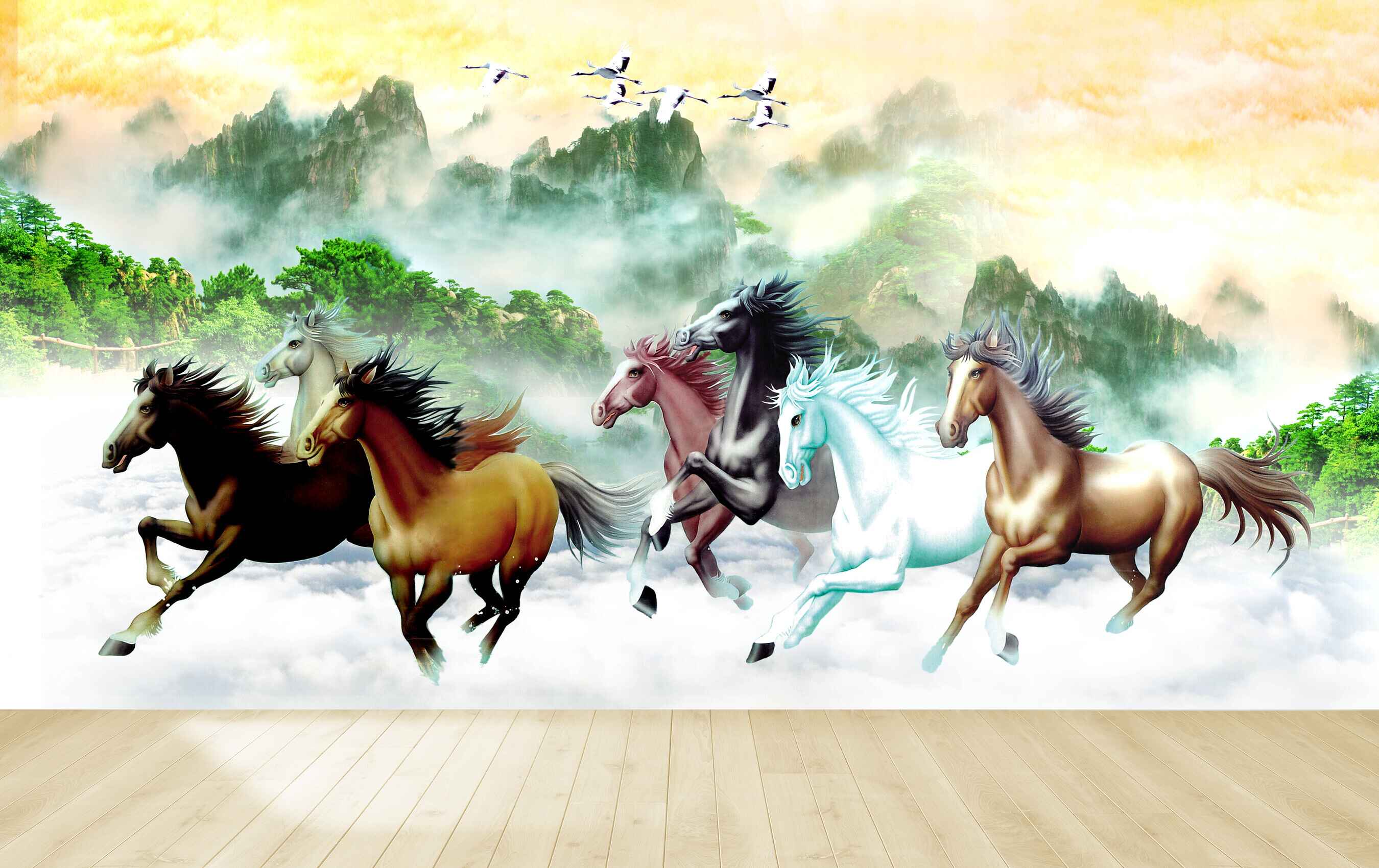 Avikalp MWZ3790 Seven 7 Horses Clouds Sun Trees Nature HD Wallpaper