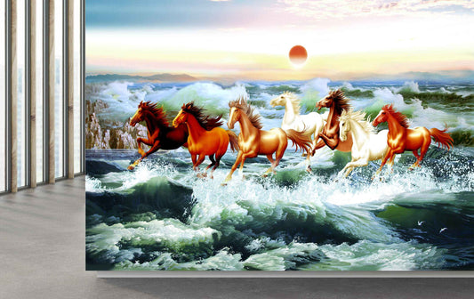 Avikalp MWZ3791 Seven 7 Horses Racing Sea Sun Clouds HD Wallpaper