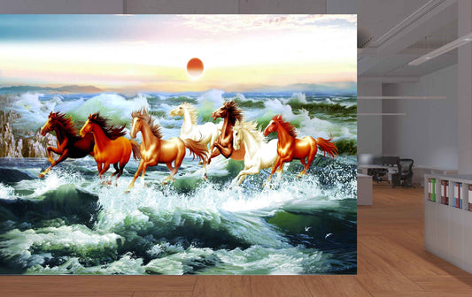 Avikalp MWZ3791 Seven 7 Horses Racing Sea Sun Clouds HD Wallpaper